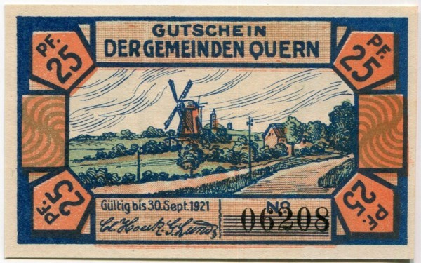 Банкнота Кверн 25 пфеннигов 1921 год.