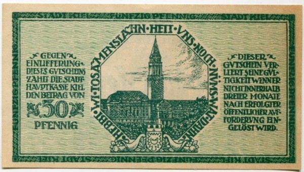 Банкнота город Киль 50 пфеннигов 1918 год.