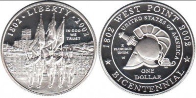 США, серебряная монета 1 доллар, 200 лет военной академии Вест-Поинта, 2002 года