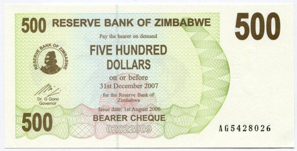 Банкнота Зимбабве 500 долларов 2006 год. 