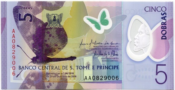Банкнота Сан-Томе и Принсипи 5 добра 2016 год.