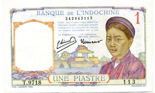 Банкнота Индокитай 1 пиастр 1949 год.