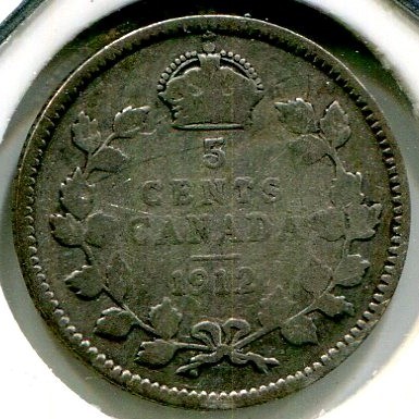 Монета Канада 5 центов 1912 год. Король Георг V