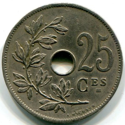 Монета Бельгия 25 сантимов 1927 год.