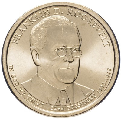 Монета США 1 доллар 2014 год. Фра́нклин Делано́ Ру́звельт 32-й президент США.