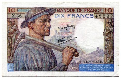 Банкнота Франция 10 франков 1943 год.