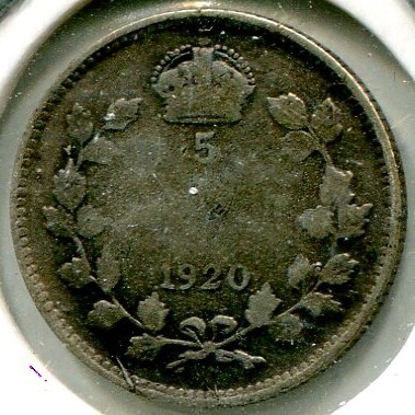 Монета Канада 5 центов 1920 год. Король Георг V