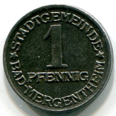 Монета Бад-Мергентхайм 1 пфенниг 1920 год. Нотгельд