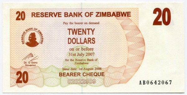 Банкнота Зимбабве 20 долларов 2006 год. 