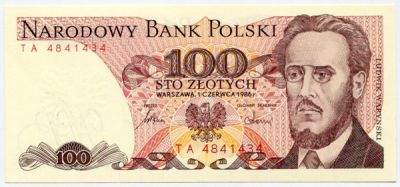 Банкнота Польша 100 злотых 1986 год.