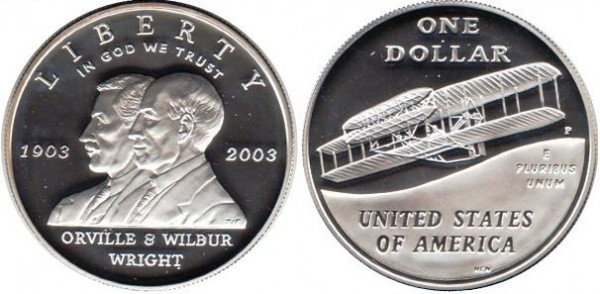 США, серебряная монета 1 доллар, 100 лет полету братьев Райт, 2003 года