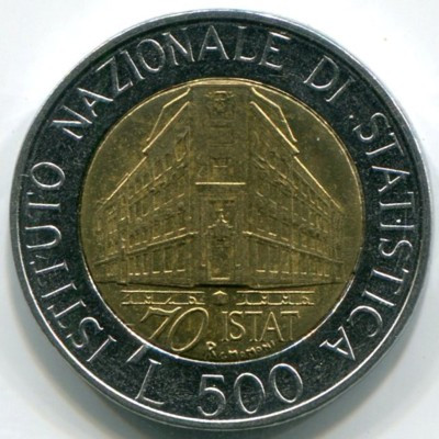 Монета Италия 500 лир 1996 год. 70 лет Национальному институту статистики.