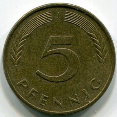 Монета ФРГ 5 пфеннигов 1990 год. J