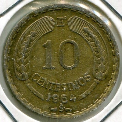Монета Чили 10 сентесимо 1964 год.
