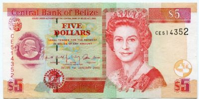 Банкнота Белиз 5 долларов 2002 год.