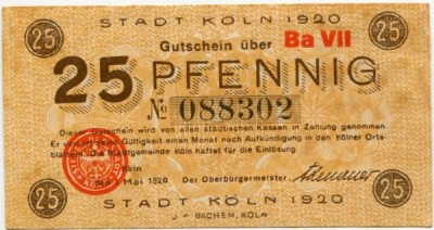Банкнота город Кёльн 25 пфеннигов 1920 год.