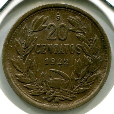 Монета Чили 20 сентаво 1922 год.