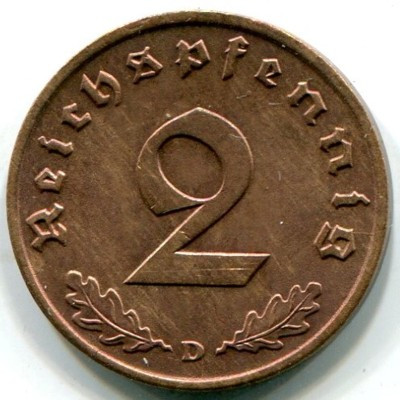 Монета Германия 2 рейхспфеннига 1937 год. D