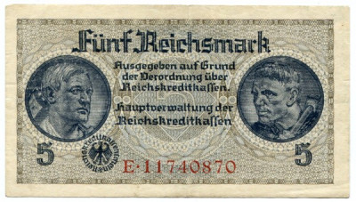 Банкнота Германия 5 рейхсмарок 1940-1945 год.