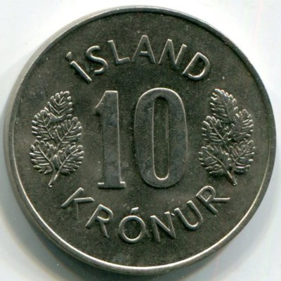 Монета Исландия 10 крон 1978 год.
