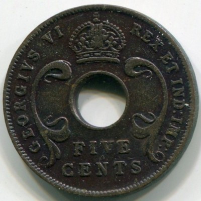 Монета Британская Восточная Африка 5 центов 1943 год.