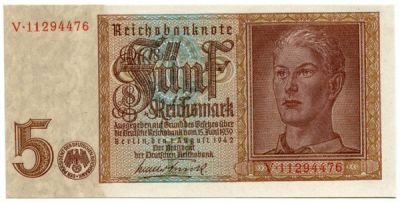 Банкнота Германия 5 рейхсмарок 1942 год. 