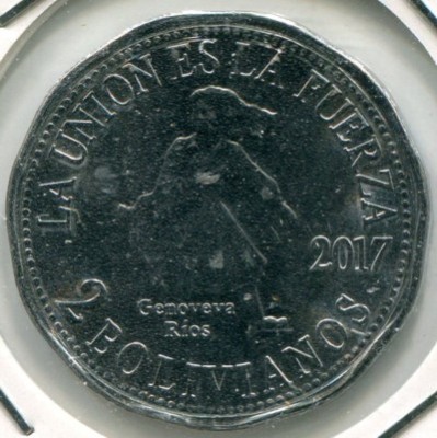 Монета Боливия 2 бавилиано 2017 год. Дженовева Риос