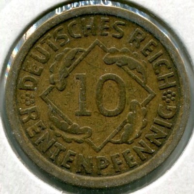 Монета Германия 10 рентенпфеннигов 1924 год. J