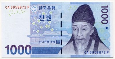 Банкнота Южная Корея 1000 вон 2007 год.