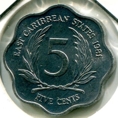 Монета Восточные Карибы 5 центов 1981 год.