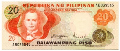 Банкнота Филиппины 20 писо 1970 год.