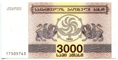 Банкнота Грузия 3000 купонов 1993 год.
