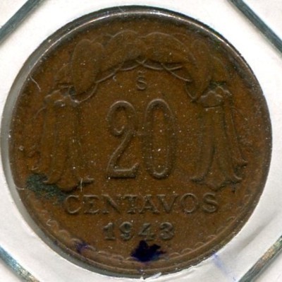 Монета Чили 20 сентаво 1943 год.
