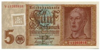 Банкнота Германия 5 рейхсмарок 1942 год. Русская зона влияние в Германии 1948.