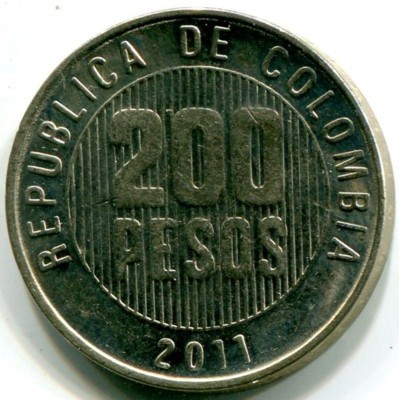 Монета Колумбия 200 песо 2011 год. 