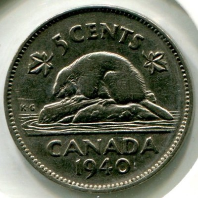 Монета Канада 5 центов 1940 год. Король Георг VI