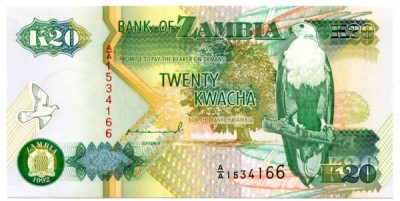 Банкнота Замбия 20 квача 1992 год.