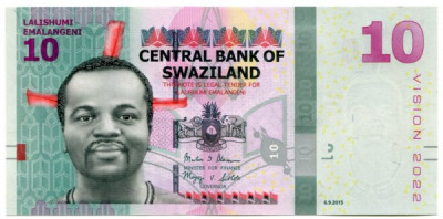 Банкнота Свазиленд 10 лилангени 2015 год.