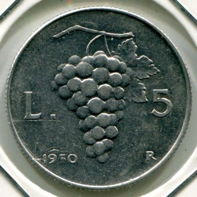 Монета Италия 5 лир 1950 год.