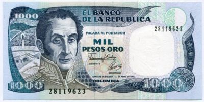 Банкнота Колумбия 1000 песо 1992 год. 