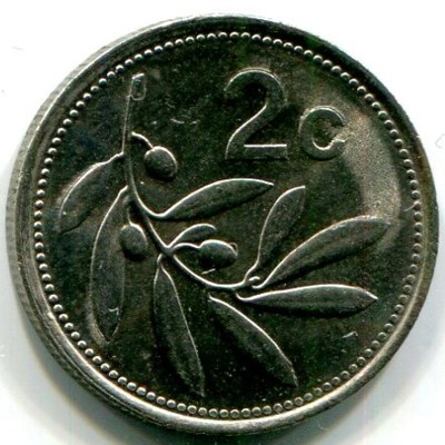 Монета Мальта 2 цента 1991 год.