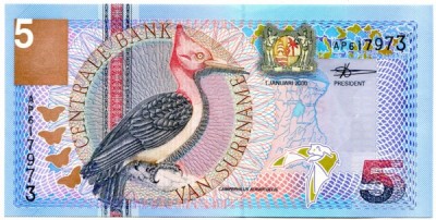 Банкнота Суринам 5 гульденов 2000 год.
