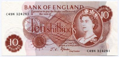 Банкнота Великобритания 10 шиллингов 1966 год.