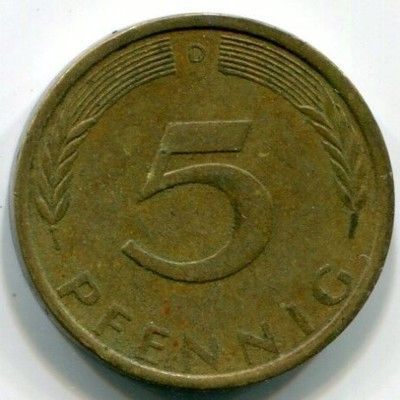 Монета ФРГ 5 пфеннигов 1971 год. D