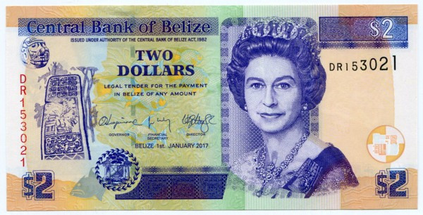 Банкнота Белиз 2 доллара 2017 год.