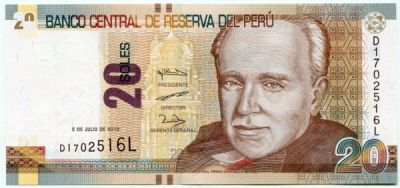 Банкнота Перу 20 соль 2018 год.
