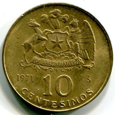 Монета Чили 10 сентесимо 1971 год.