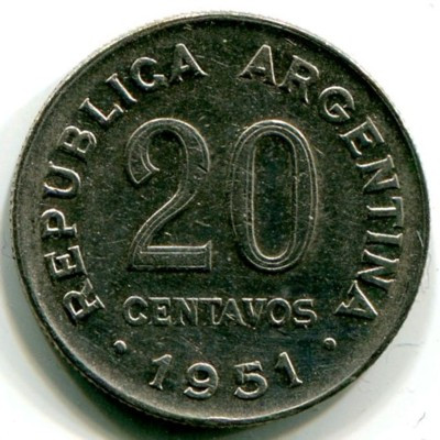 Монета Аргентина 20 сентаво 1951 год.