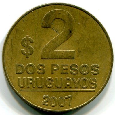 Монета Уругвай 2 песо 2007 год.