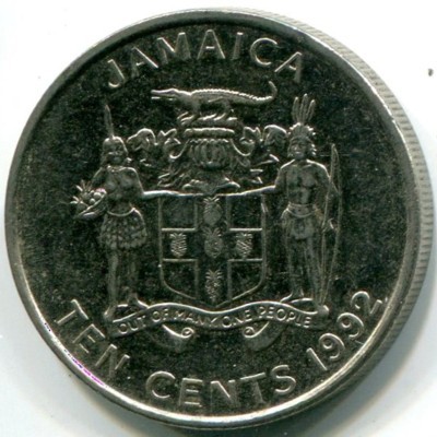 Монета Ямайка 10 центов 1992 год.